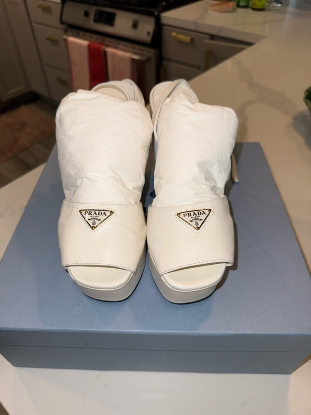 Prada White Leather Platform Block Heel Sandals with Gold Logo - Picture 3 of 12